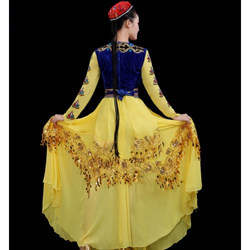 Women chinese folk Xinjiang dance dresses big swing skirt Sequined modern Uyghur dance dresses Ethnic style xinjiang performance costumes female adult